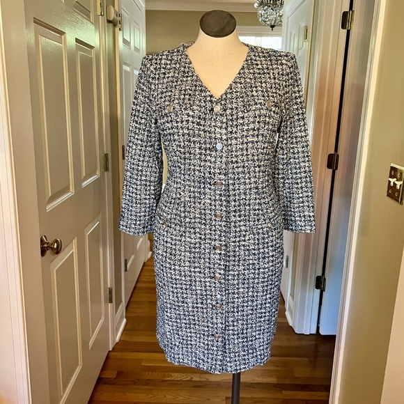 NWT Talbots Smile Blue White Stretch Tweed Shift Dress Size 14 - Picture 2 of 4
